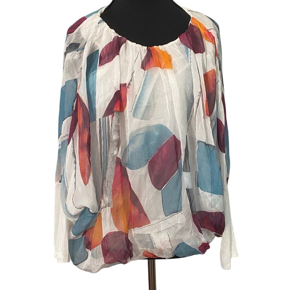 Giusy Made‎ in Italy Abstract Print Silk Blend Blouse Top Med Lagenlook Artsy